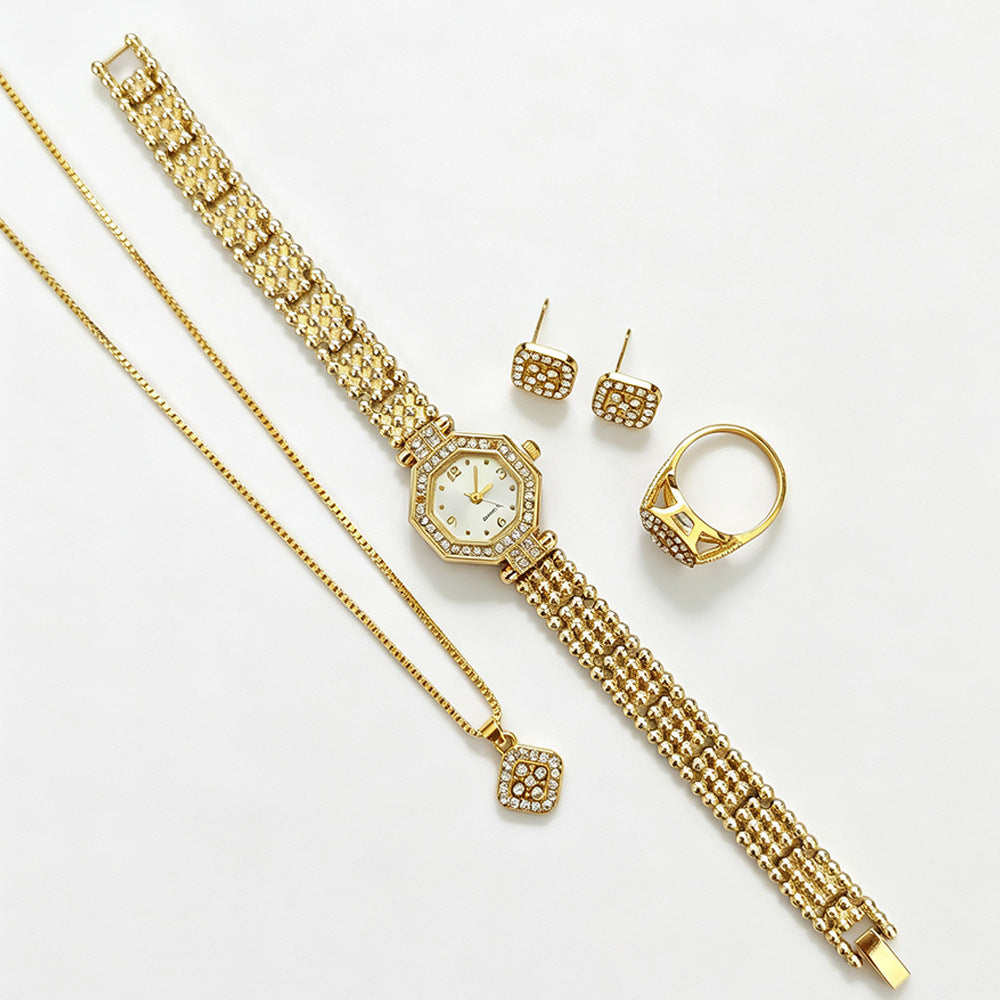 Women's Quartz Watch Jewelry Set With Round Dial, Alloy Strap, Jewelry Buckle, And Ordinary Glass Mirror