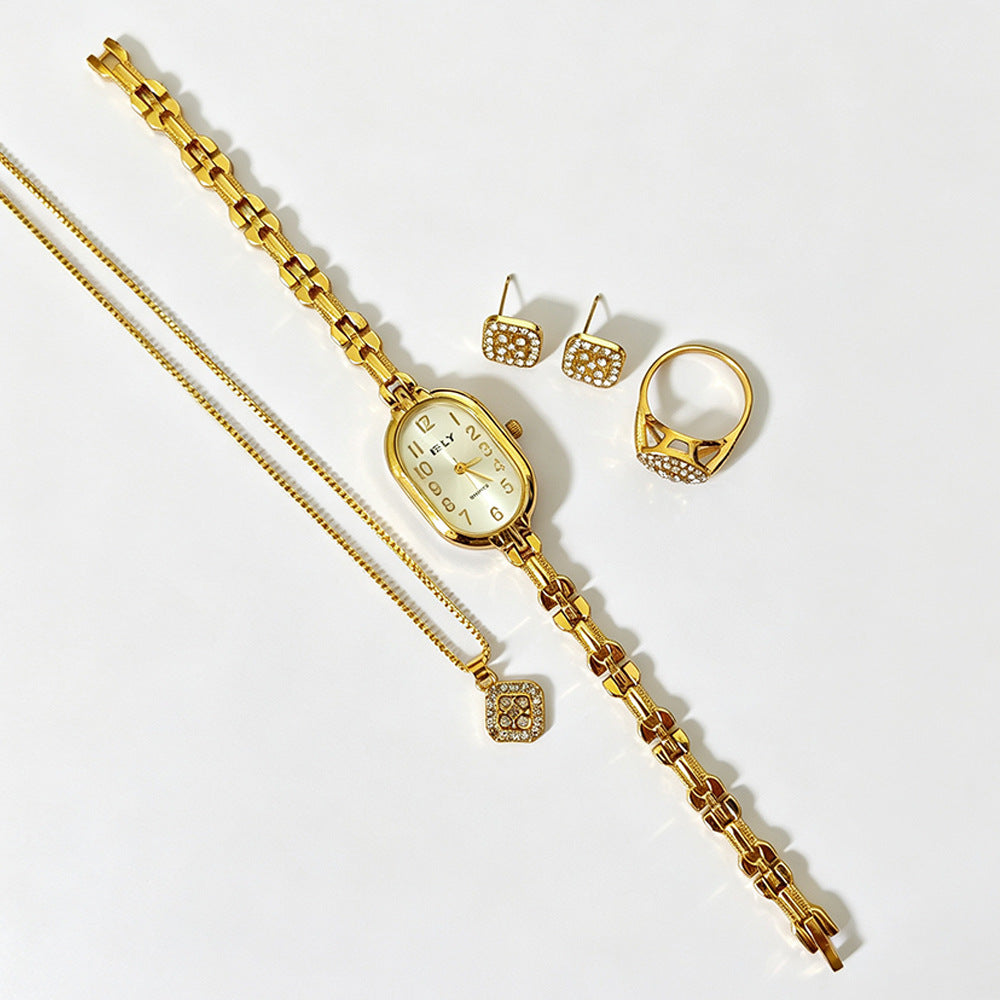 Women's Quartz Watch Jewelry Set With Round Dial, Alloy Strap, Jewelry Buckle, And Ordinary Glass Mirror