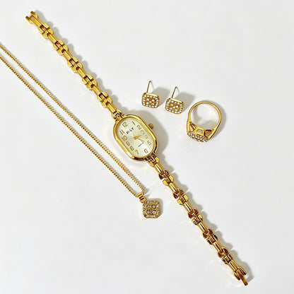 Women's Quartz Watch Jewelry Set With Round Dial, Alloy Strap, Jewelry Buckle, And Ordinary Glass Mirror