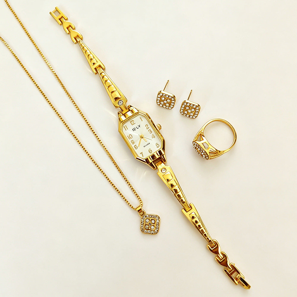 Women's Quartz Watch Jewelry Set With Round Dial, Alloy Strap, Jewelry Buckle, And Ordinary Glass Mirror