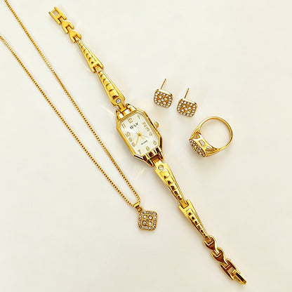 Women's Quartz Watch Jewelry Set With Round Dial, Alloy Strap, Jewelry Buckle, And Ordinary Glass Mirror