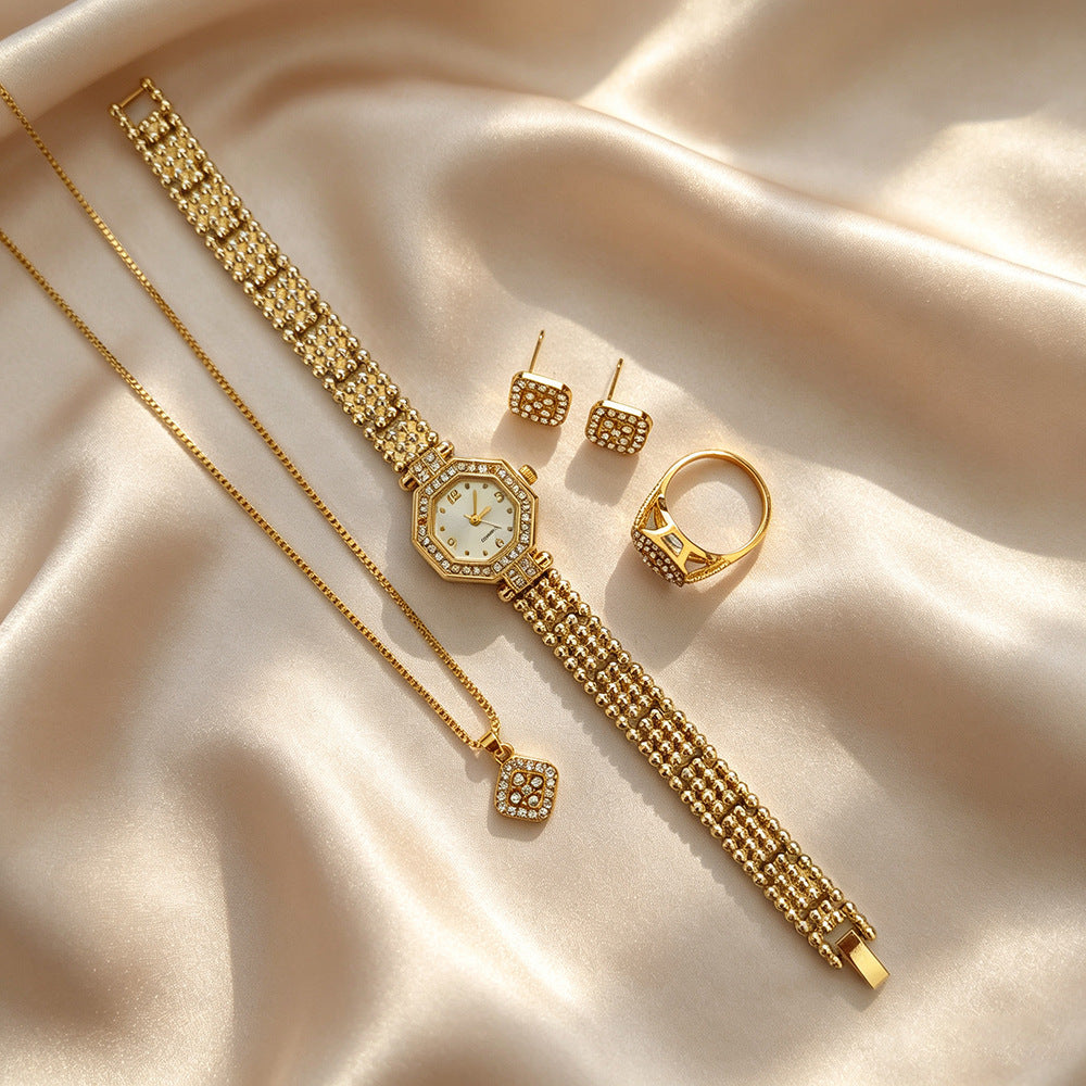 Women's Quartz Watch Jewelry Set With Round Dial, Alloy Strap, Jewelry Buckle, And Ordinary Glass Mirror