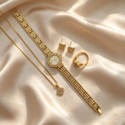 Women's Quartz Watch Jewelry Set With Round Dial, Alloy Strap, Jewelry Buckle, And Ordinary Glass Mirror