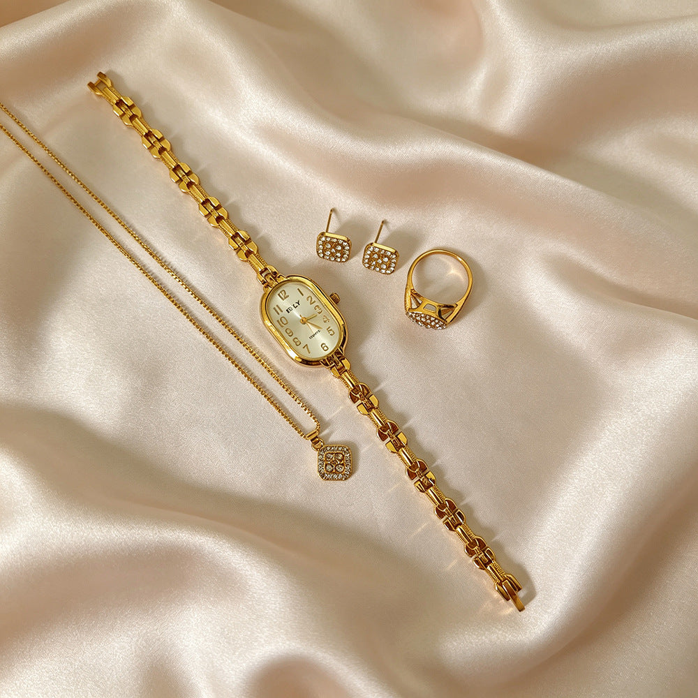 Women's Quartz Watch Jewelry Set With Round Dial, Alloy Strap, Jewelry Buckle, And Ordinary Glass Mirror
