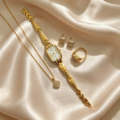 Women's Quartz Watch Jewelry Set With Round Dial, Alloy Strap, Jewelry Buckle, And Ordinary Glass Mirror