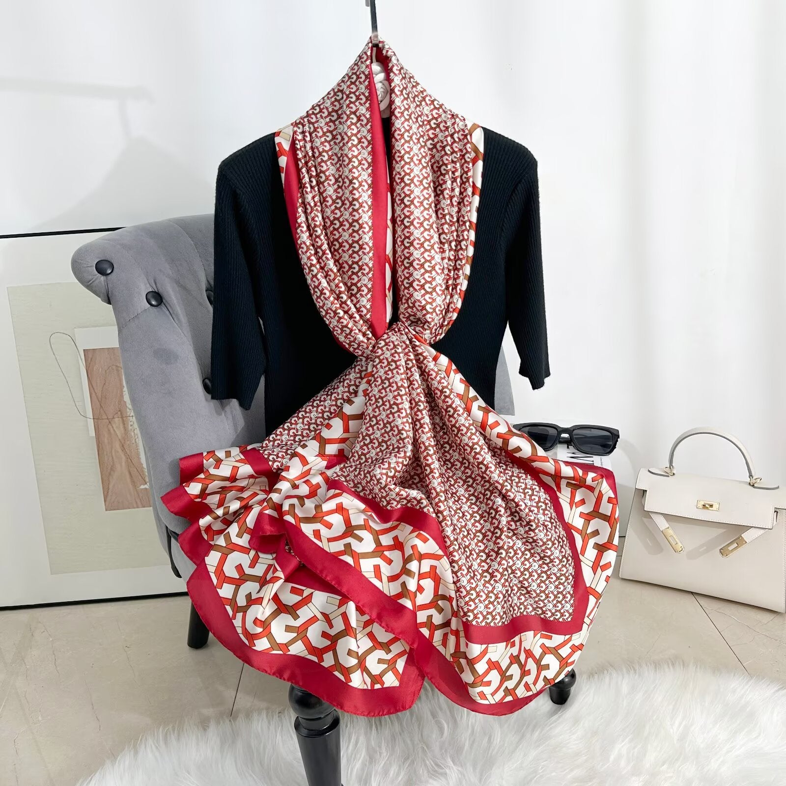 British Style Plaid Satin Silk Scarf For Women, Perfect For Spring Season