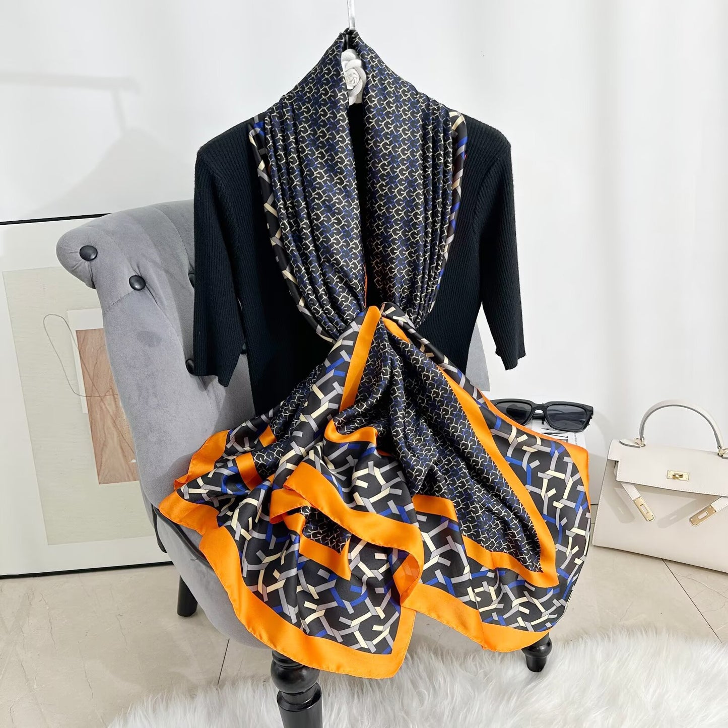 British Style Plaid Satin Silk Scarf For Women, Perfect For Spring Season