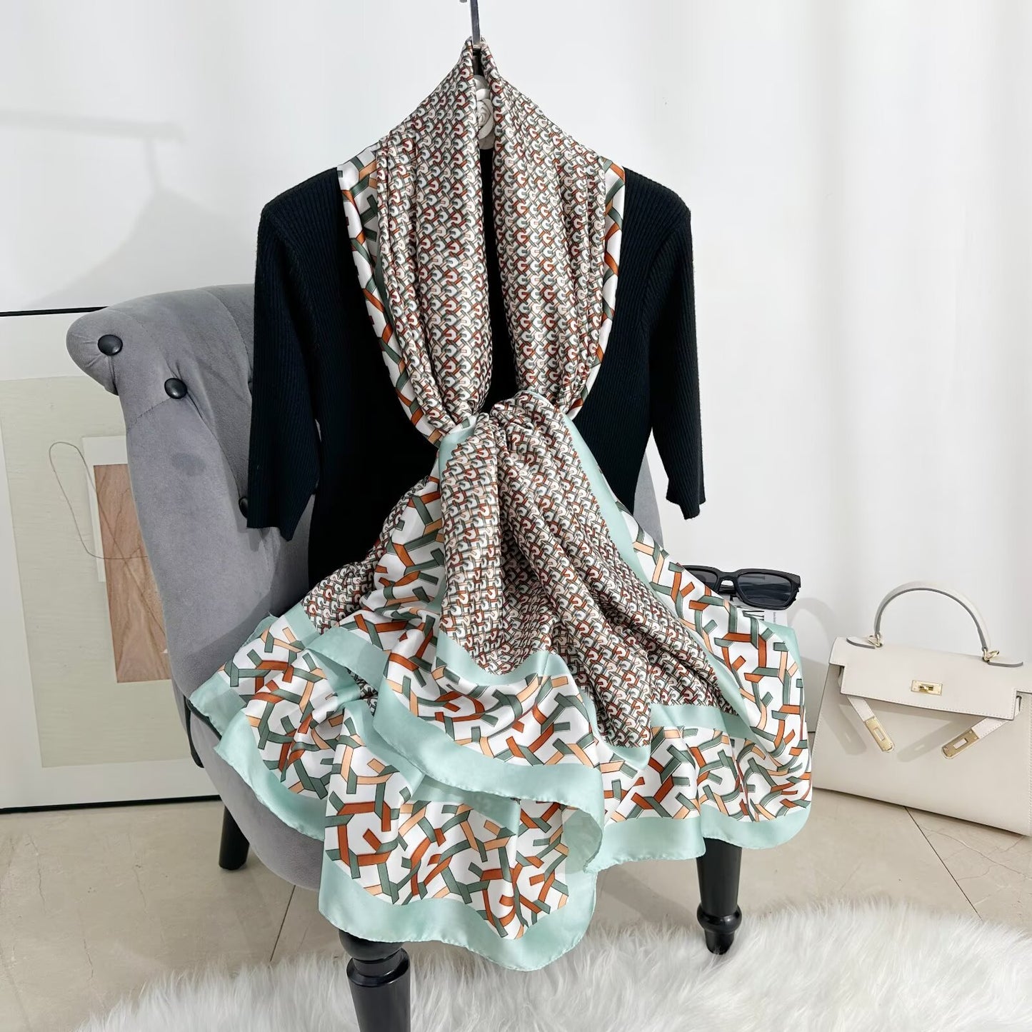 British Style Plaid Satin Silk Scarf For Women, Perfect For Spring Season