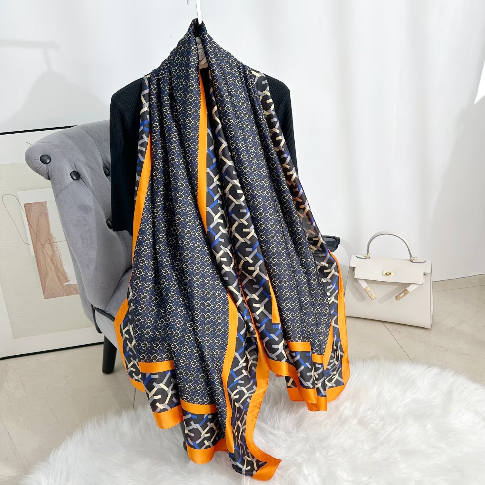 British Style Plaid Satin Silk Scarf For Women, Perfect For Spring Season