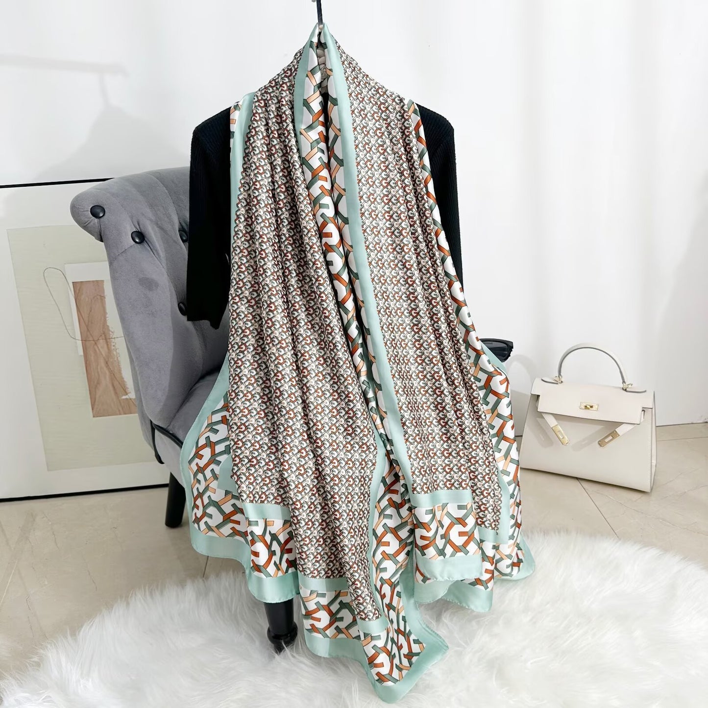 British Style Plaid Satin Silk Scarf For Women, Perfect For Spring Season
