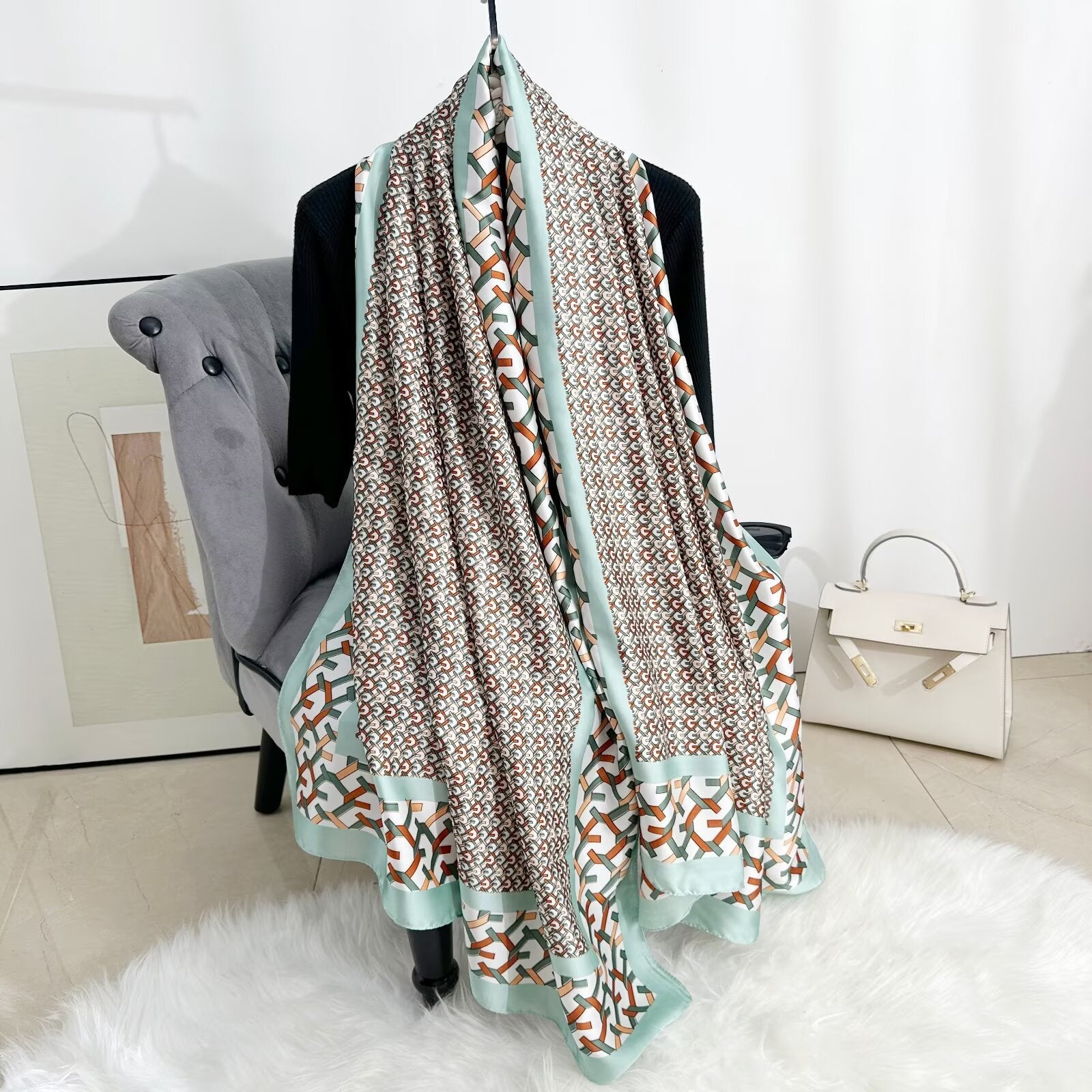 British Style Plaid Satin Silk Scarf For Women, Perfect For Spring Season