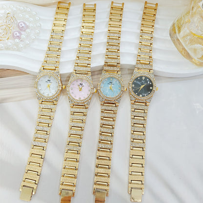 Women's Quartz Watch With Round Dial, Alloy Strap, Single Folding Buckle, And Ordinary Glass Mirror
