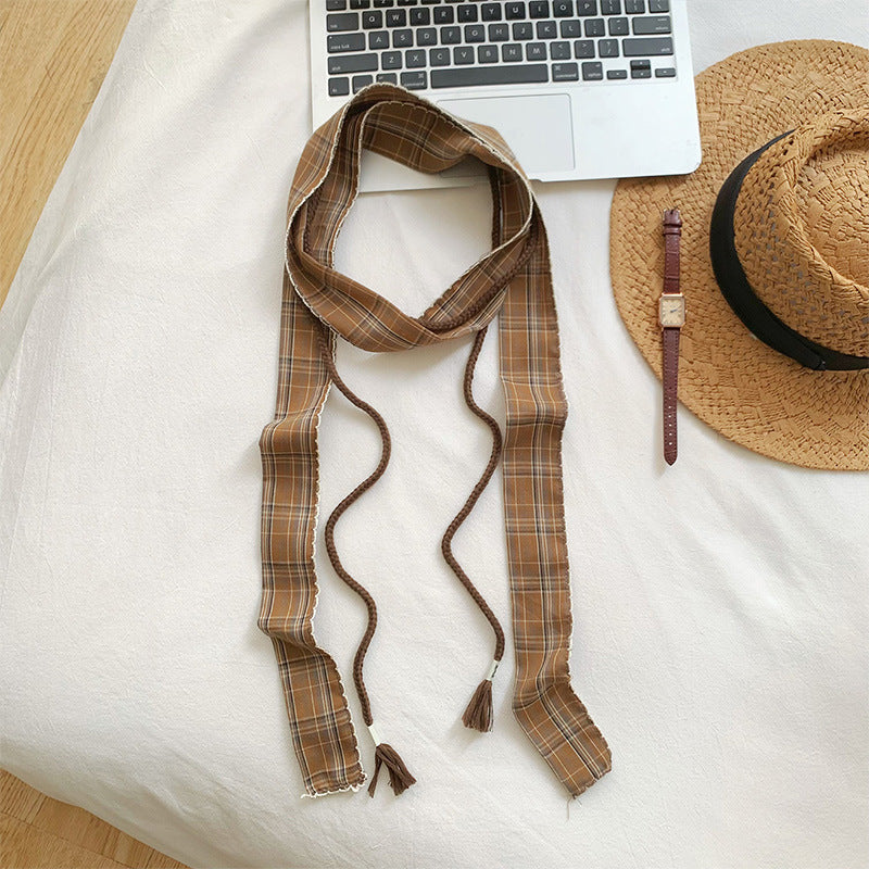 Retro Plaid Polyester Silk Scarf For Women In Dyed Black, Perfect For Spring & Summer