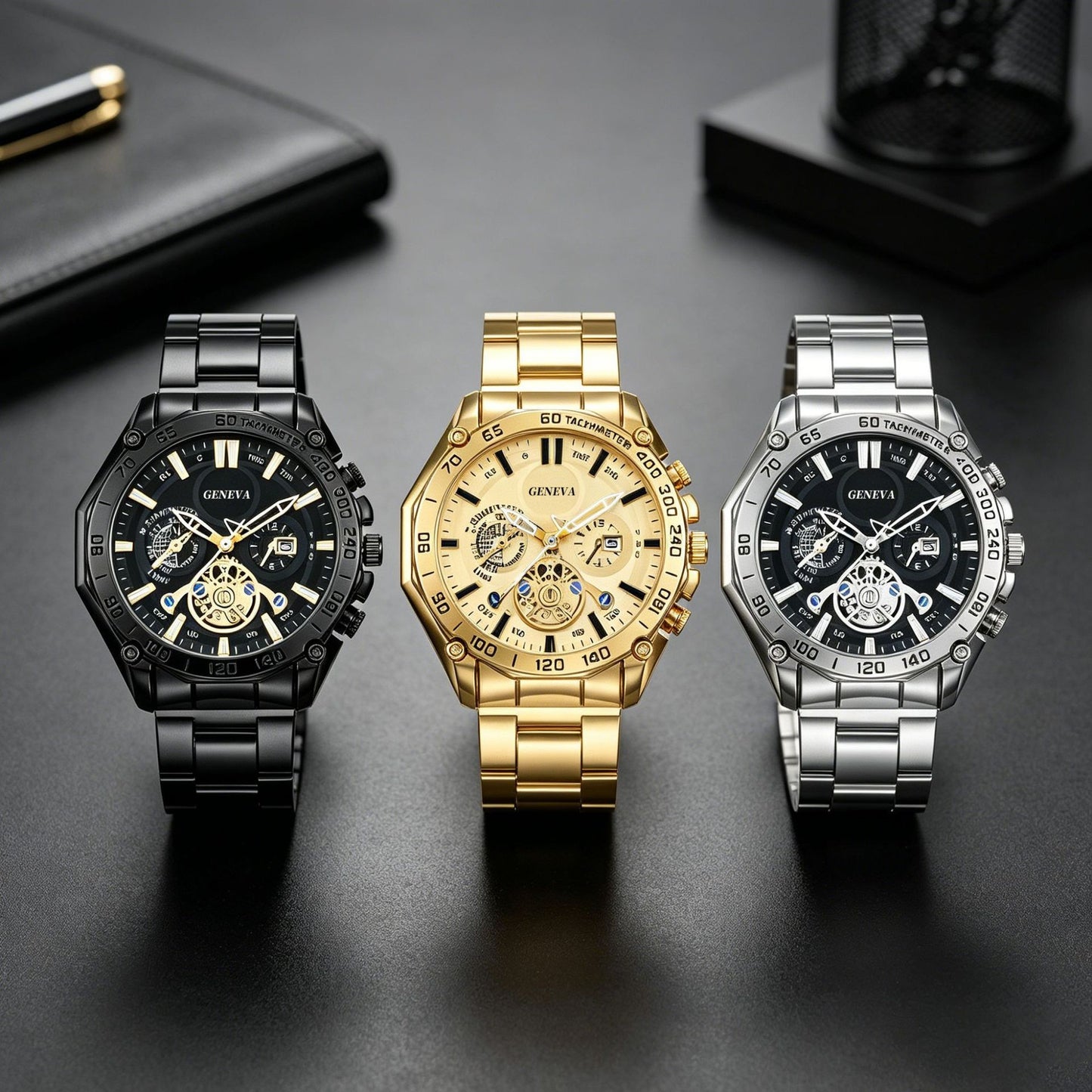 Men's Quartz Watch With Alloy Strap And Single Folding Buckle, Round Dial Featuring Pointer Display And Ordinary Glass Mirror