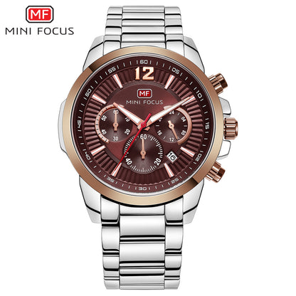 Men's Quartz Watch With Steel Belt Strap, Round Dial Featuring Tempered Glass Mirror And Pointer Display