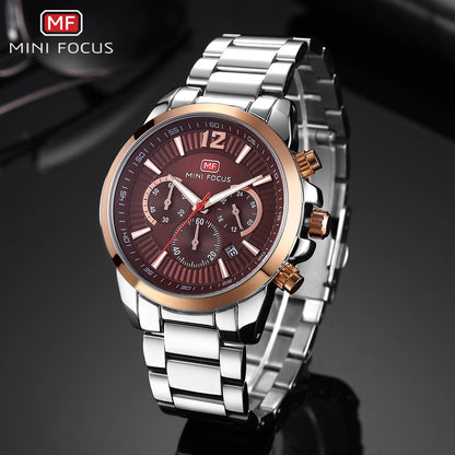 Men's Quartz Watch With Steel Belt Strap, Round Dial Featuring Tempered Glass Mirror And Pointer Display