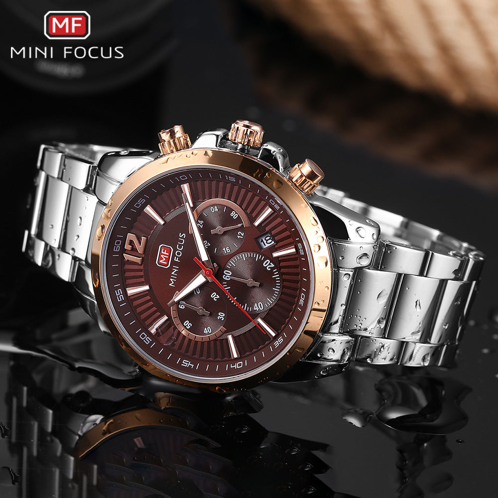 Men's Quartz Watch With Steel Belt Strap, Round Dial Featuring Tempered Glass Mirror And Pointer Display