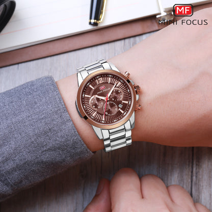 Men's Quartz Watch With Steel Belt Strap, Round Dial Featuring Tempered Glass Mirror And Pointer Display