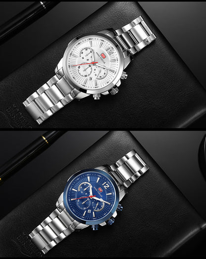 Men's Quartz Watch With Steel Belt Strap, Round Dial Featuring Tempered Glass Mirror And Pointer Display