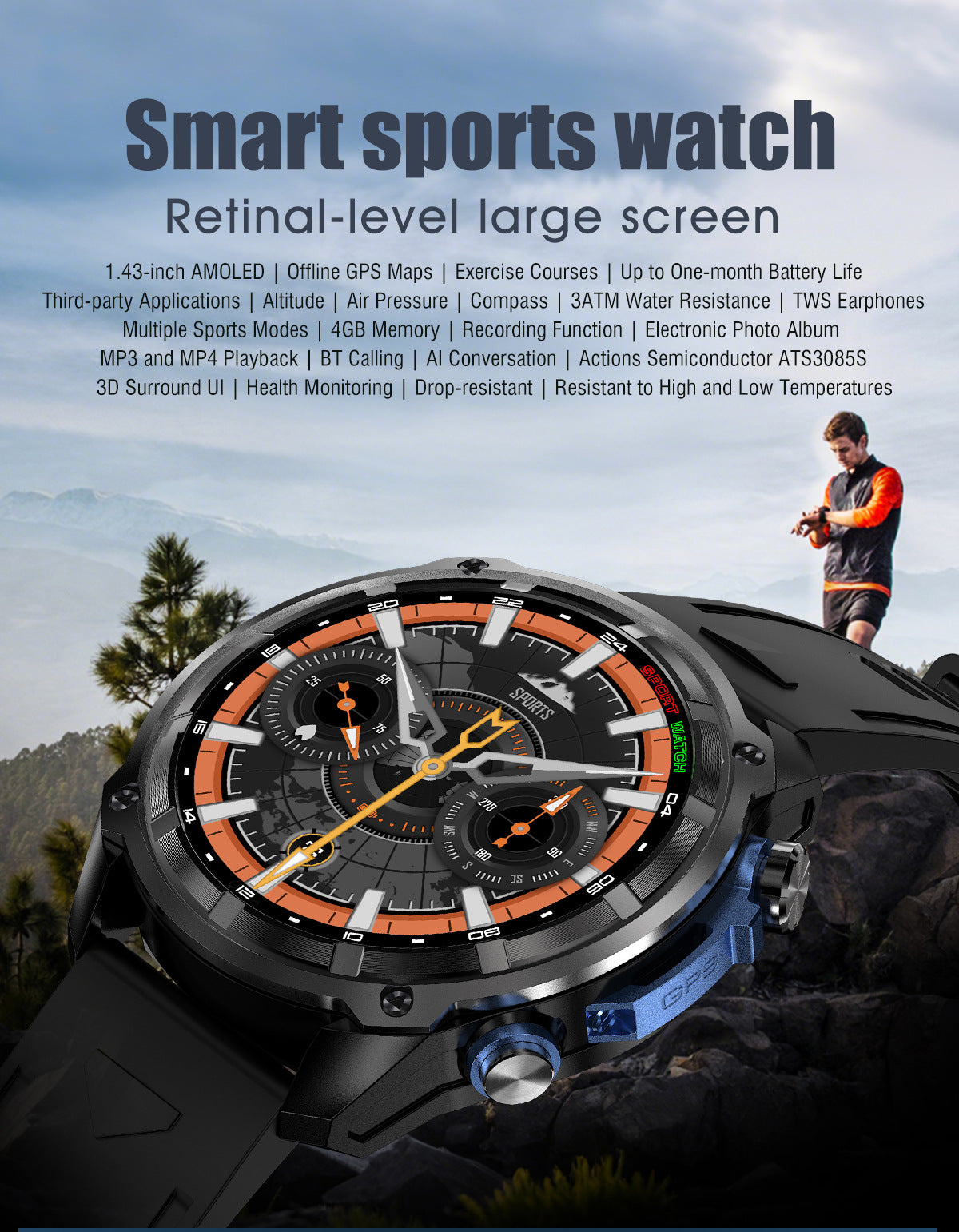 Men's Smart Watch With Round Dial, Silica Gel Strap In Dyed Black, Tempered Glass Mirror, Featuring Bluetooth Calling