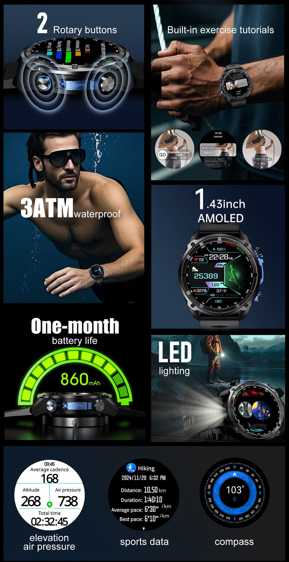 Men's Smart Watch With Round Dial, Silica Gel Strap In Dyed Black, Tempered Glass Mirror, Featuring Bluetooth Calling