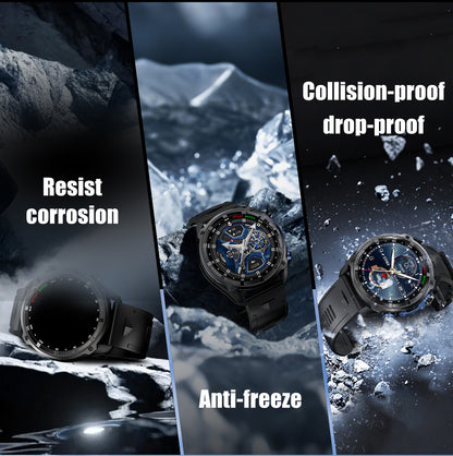 Men's Smart Watch With Round Dial, Silica Gel Strap In Dyed Black, Tempered Glass Mirror, Featuring Bluetooth Calling