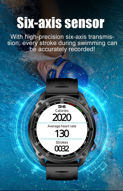 Men's Smart Watch With Round Dial, Silica Gel Strap In Dyed Black, Tempered Glass Mirror, Featuring Bluetooth Calling