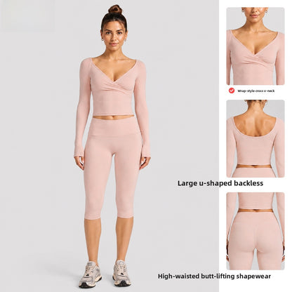 Sporty Calf-Length Yoga Jumpsuit For Women In Stretchy Nylon Fabric Featuring Criss Cross Design With Long Sleeves