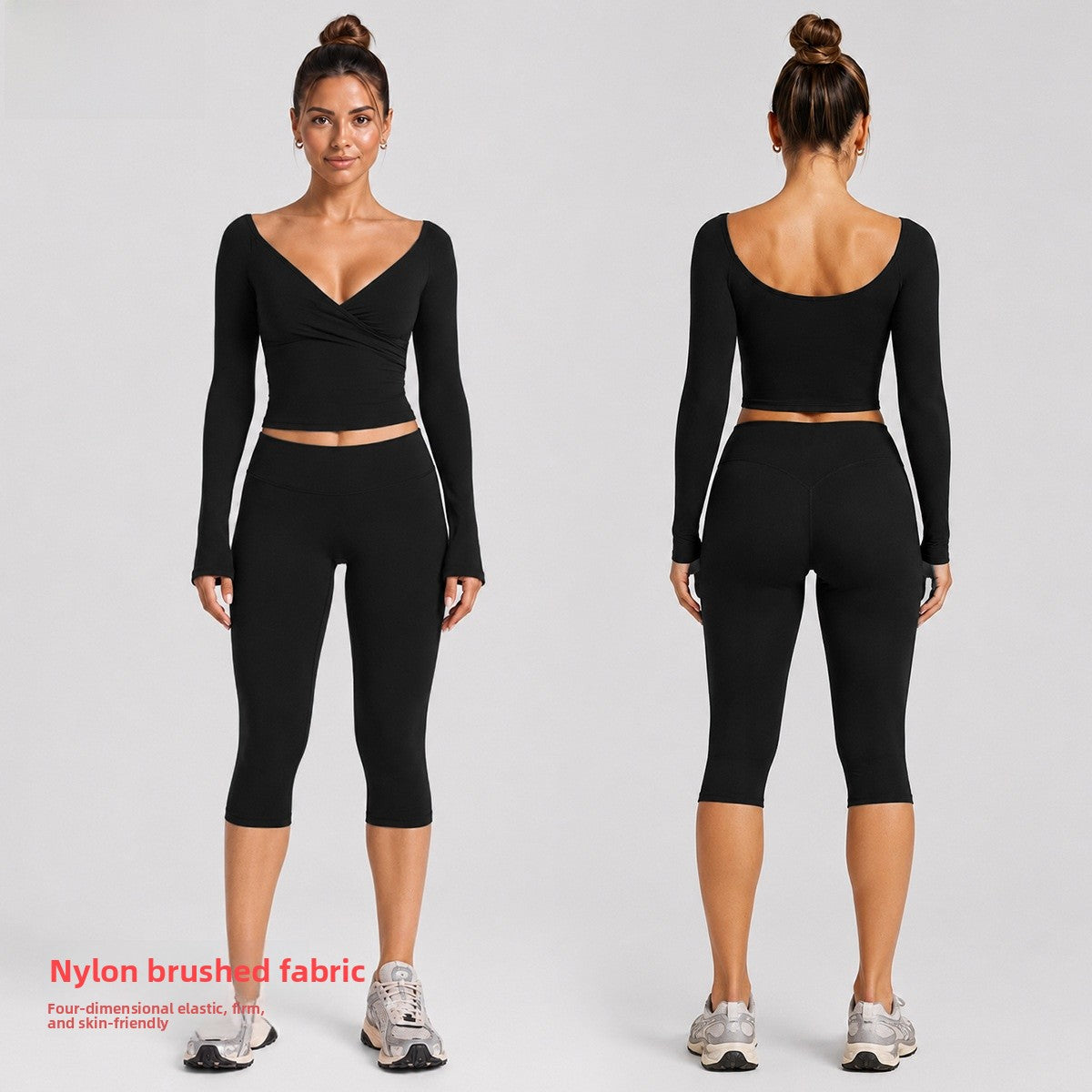Sporty Calf-Length Yoga Jumpsuit For Women In Stretchy Nylon Fabric Featuring Criss Cross Design With Long Sleeves