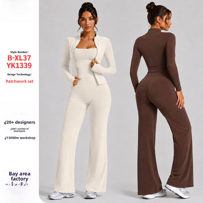 Sport Yoga Jumpsuit For Women In Stretchy Nylon Fabric With Zipper, Long Sleeve Design For Summer