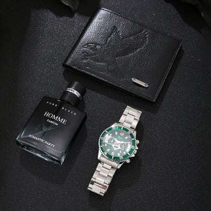 Men's Watch Jewelry Set With Alloy Strap And Quartz Movement Featuring Round Dial And Ordinary Glass Mirror With Single Folding Buckle