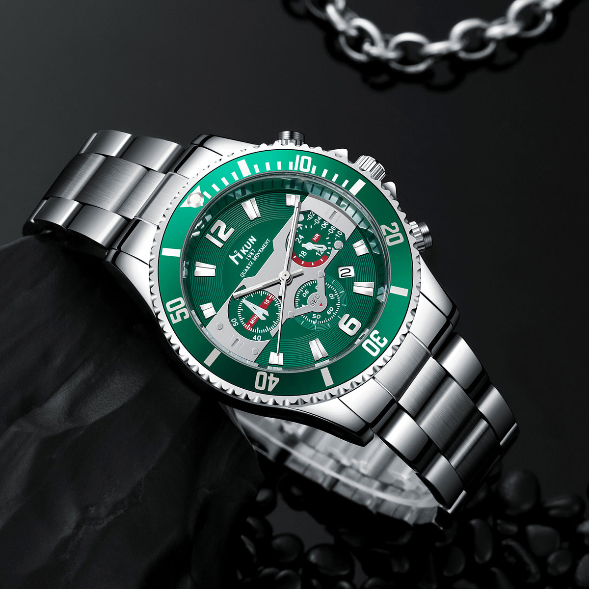 Men's Watch Jewelry Set With Alloy Strap And Quartz Movement Featuring Round Dial And Ordinary Glass Mirror With Single Folding Buckle