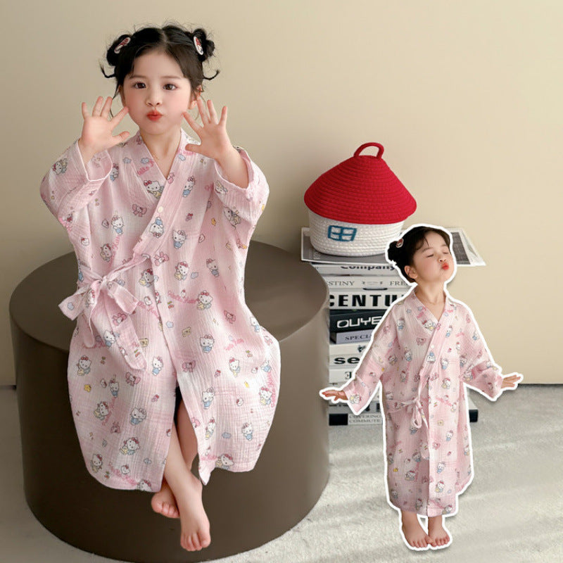 Cute Cartoon Girl's Cotton Blend Long Sleeve Nightgown In Natural Pink For Spring And Summer
