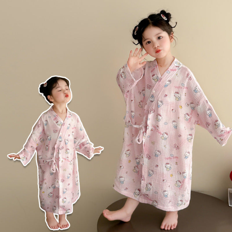Cute Cartoon Girl's Cotton Blend Long Sleeve Nightgown In Natural Pink For Spring And Summer