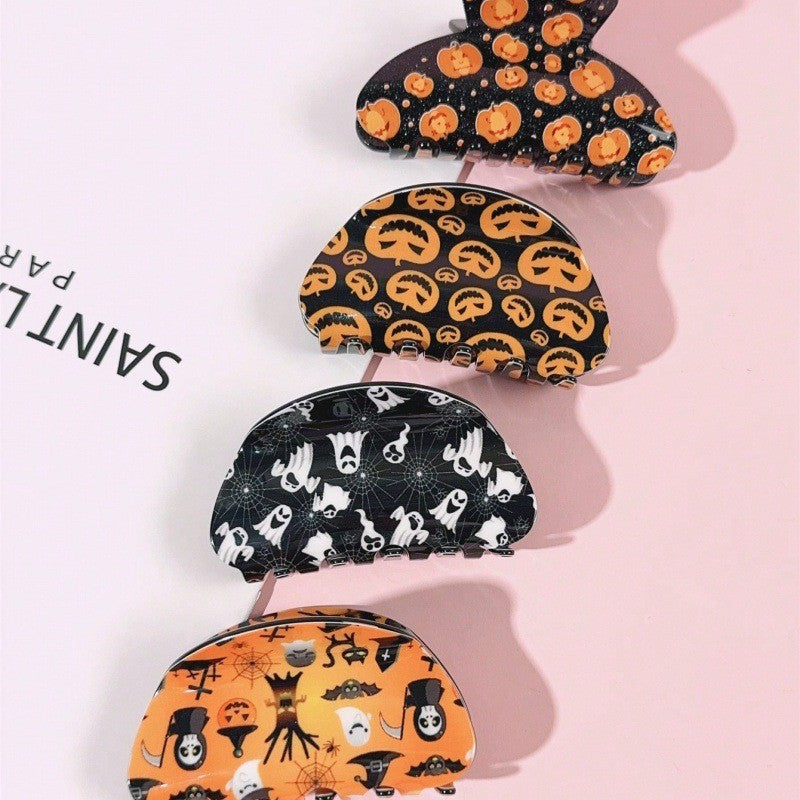 Funny Pumpkin Hair Claws For Women In Yellow Acrylic, Halloween Hairpin Accessory