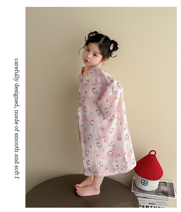 Cute Cartoon Girl's Cotton Blend Long Sleeve Nightgown In Natural Pink For Spring And Summer