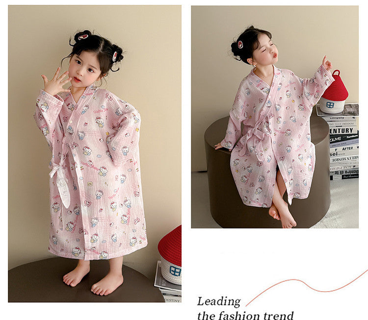Cute Cartoon Girl's Cotton Blend Long Sleeve Nightgown In Natural Pink For Spring And Summer