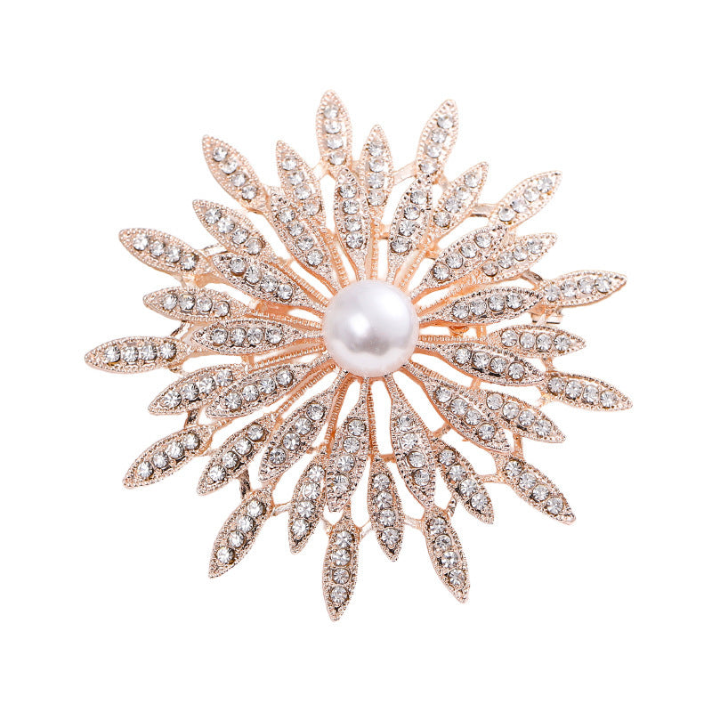 Gold Alloy Flower Pin With Artificial Pearl Inlay Featuring Electroplated Craftsmanship