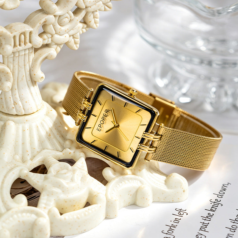 Women’s Square Quartz Watch With Mesh Belt Strap, Tempered Glass Mirror, Pointer Display, And Single Folding Buckle