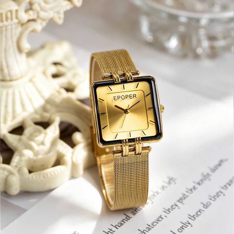 Women’s Square Quartz Watch With Mesh Belt Strap, Tempered Glass Mirror, Pointer Display, And Single Folding Buckle