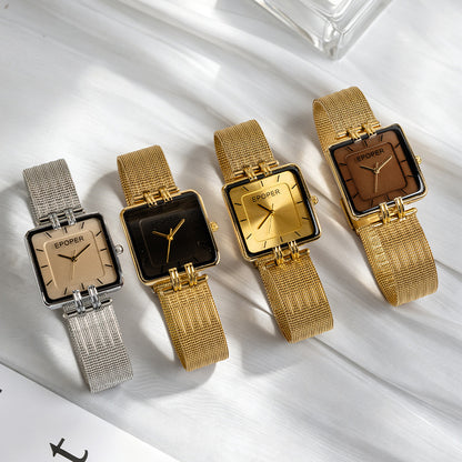 Women’s Square Quartz Watch With Mesh Belt Strap, Tempered Glass Mirror, Pointer Display, And Single Folding Buckle