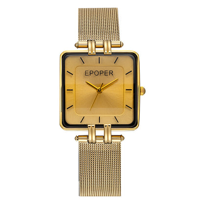 Women’s Square Quartz Watch With Mesh Belt Strap, Tempered Glass Mirror, Pointer Display, And Single Folding Buckle