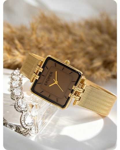 Women’s Square Quartz Watch With Mesh Belt Strap, Tempered Glass Mirror, Pointer Display, And Single Folding Buckle