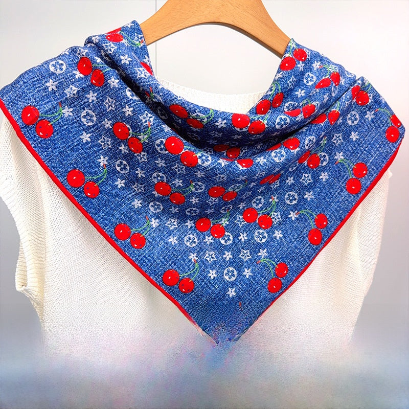 Cherry Cartoon Style Silk Scarf For Women In White, Perfect For Summer Wear