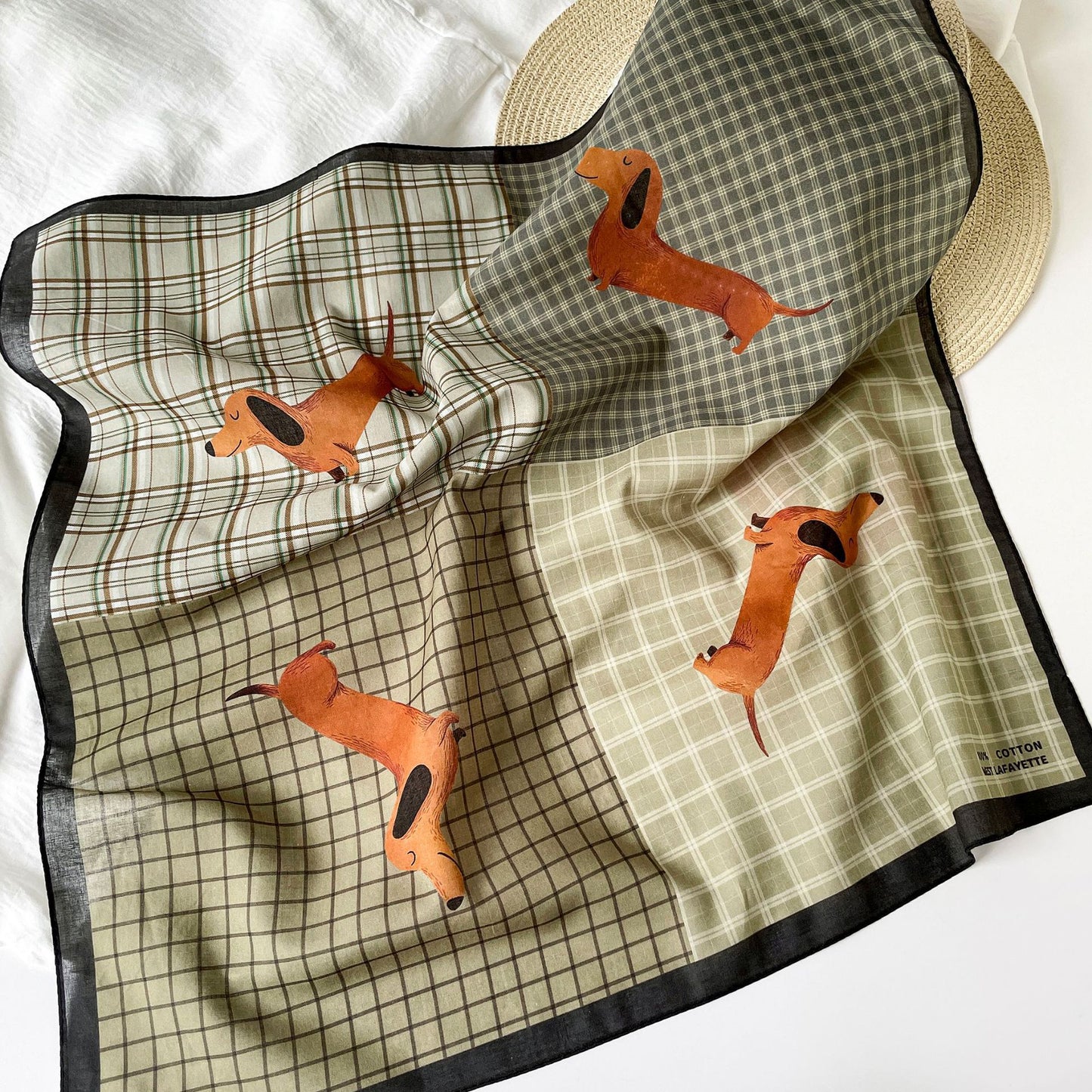 Cotton Silk Scarf For Women Featuring Dog Pattern In Black And Green, Perfect For Spring