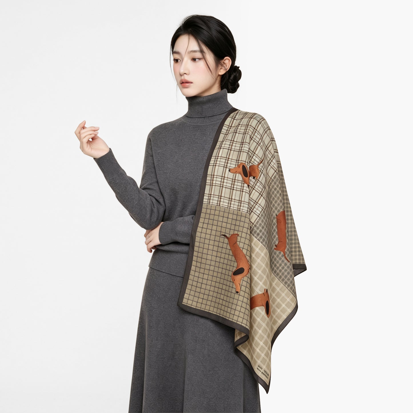 Cotton Silk Scarf For Women Featuring Dog Pattern In Black And Green, Perfect For Spring