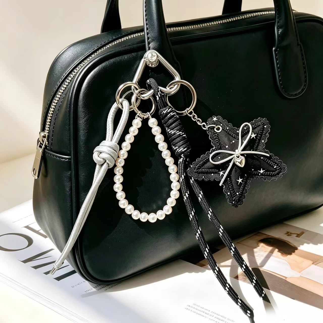 Handmade Knitted Star Key Chain In Dyed Black Acrylic, Stylish And Unique Accessory