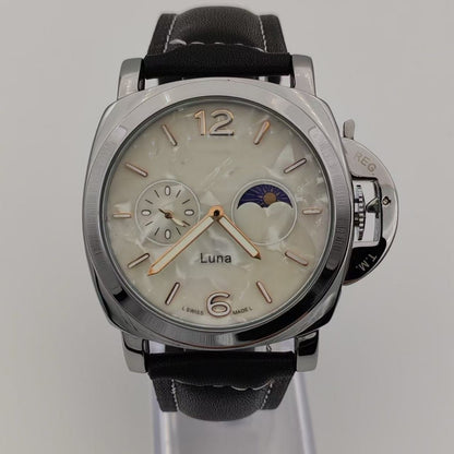 Men's Mechanical Round Dial Watch With Genuine Leather Strap, Pin Buckle, Tempered Glass Mirror, And Pointer Display