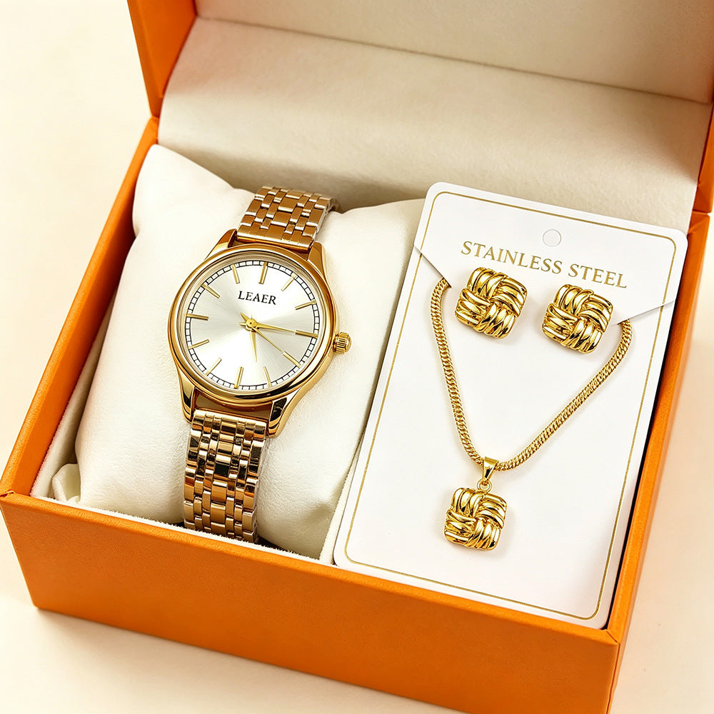 Women's Quartz Watch Jewelry Set With Round Dial, Alloy Strap, Double Side Snap Buckle, And Ordinary Glass Mirror