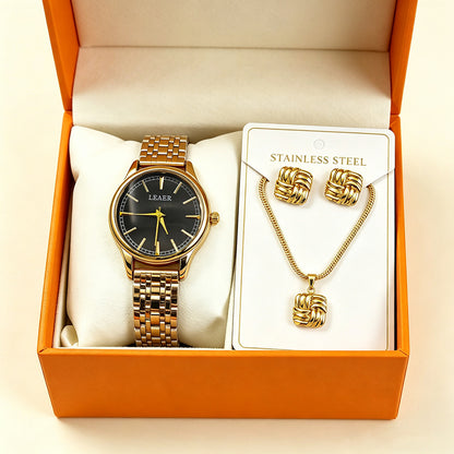 Women's Quartz Watch Jewelry Set With Round Dial, Alloy Strap, Double Side Snap Buckle, And Ordinary Glass Mirror